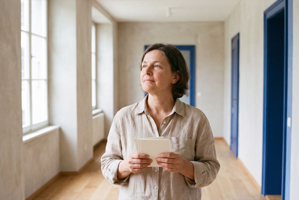 Personne respirant profondément dans un couloir clair, cartes vierges à la main