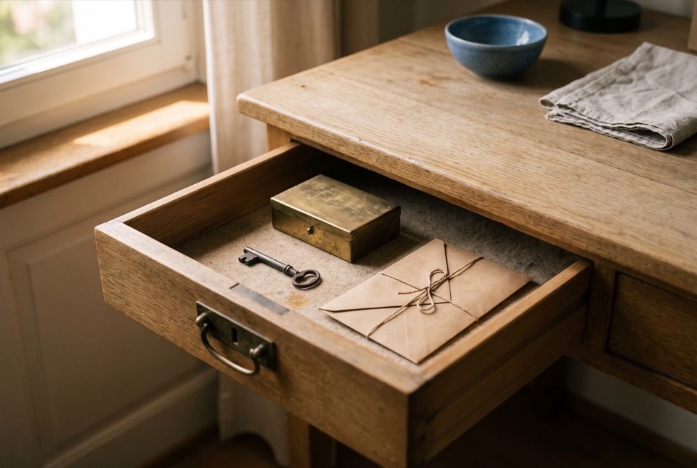 Tiroir de bureau avec petite boîte métallique, clé et enveloppe scellée