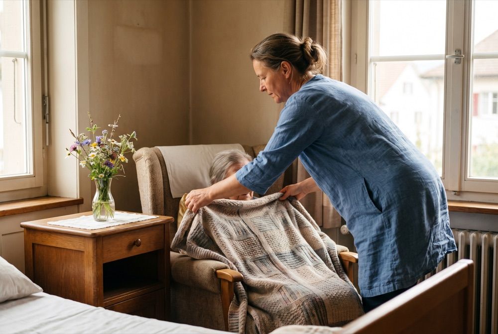 Soignante en tunique bleu doux ajustant une couverture, chambre chaleureuse avec fleurs