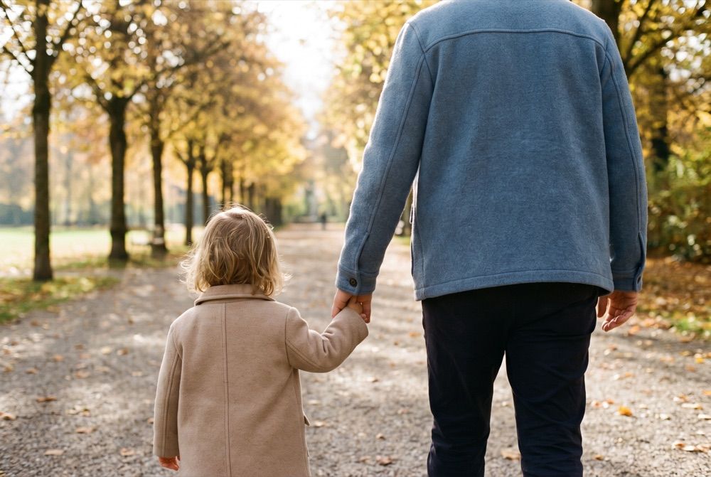Jeune famille marchant dans un parc suisse, parent tenant la main d'un enfant, vus de dos
