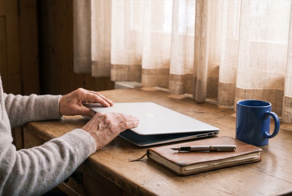 Mains refermant doucement un ordinateur portable sur un bureau en bois, carnet et stylo à côté