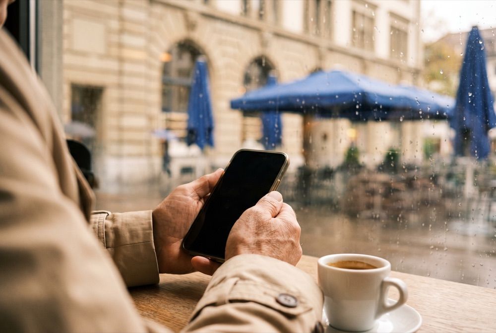 Mains tenant un téléphone éteint sur une table de café, pluie sur la vitre