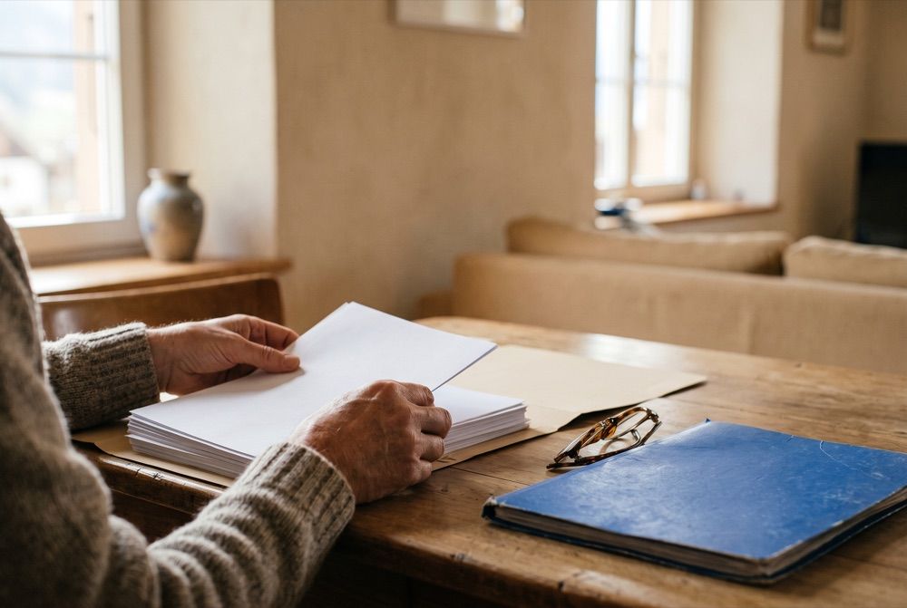Mains classant des documents dans un dossier sur une table en bois, lunettes posées à côté