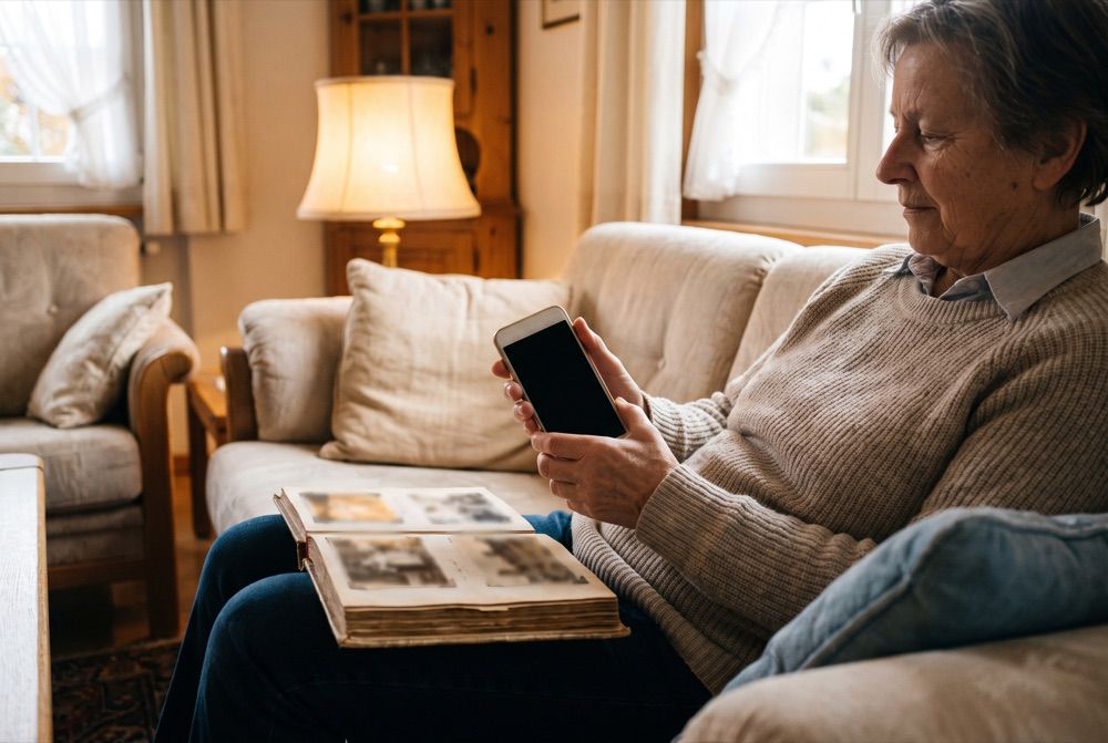 Personne sur un canapé tenant un téléphone à l'écran éteint, album photo ouvert à côté